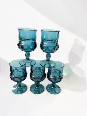 Indiana Glass Water Goblets Teal Blue King's Crown Thumbprint Stemmed 5.5" set 5
